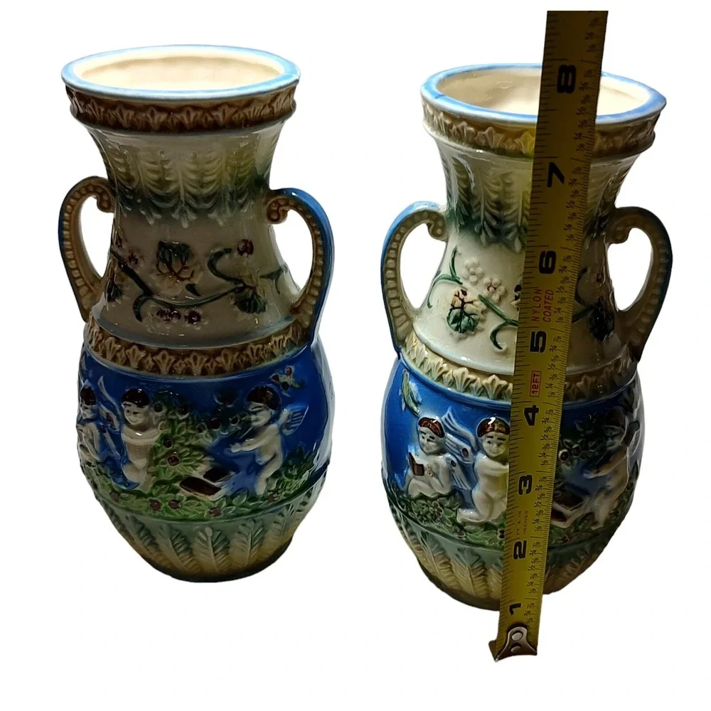 Vintage Japanese Majolica Porcelain Vase Cherubs 7.25 in Hand Painted Lot of Two